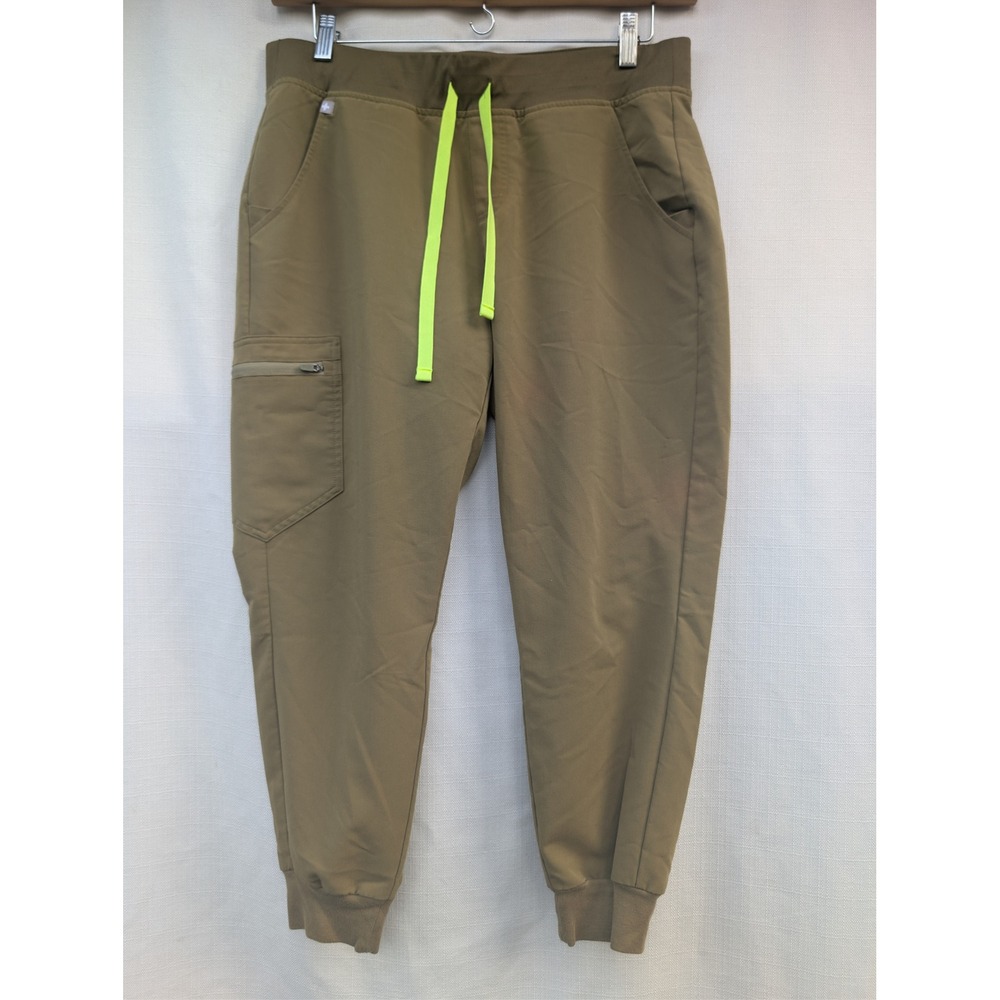 FIGS Zamora Jogger Pants Womens Large Petite Olive Green Cargo Scrubs Neon Tie